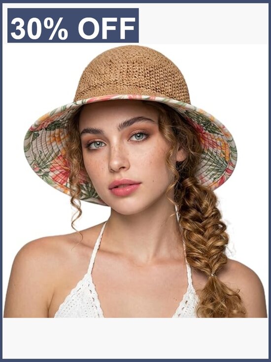 UPF50+ Wide Brim Straw Sun Hat with Ponytail Opening & Chin Strap